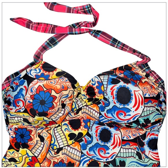 Sugar Skull Floral Swimsuit 4X Fits Like 2X One Piece Plaid Trim Halter Retro - Picture 3 of 8
